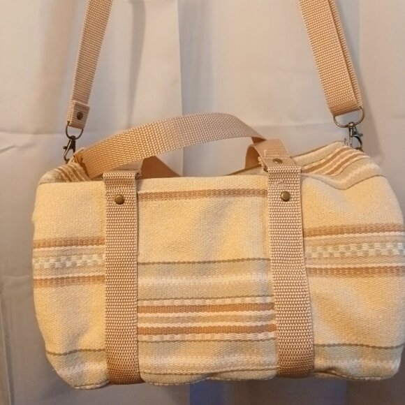 New Canvas Upholstery Mini Duffle Travel Bag Tan Sage embroidered Shoulder Cross - Picture 9 of 13